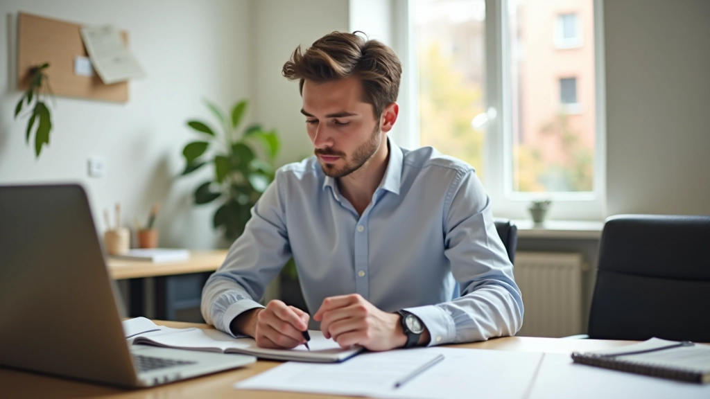 Freelancer die op laptop werkt met notitieboek op bureau