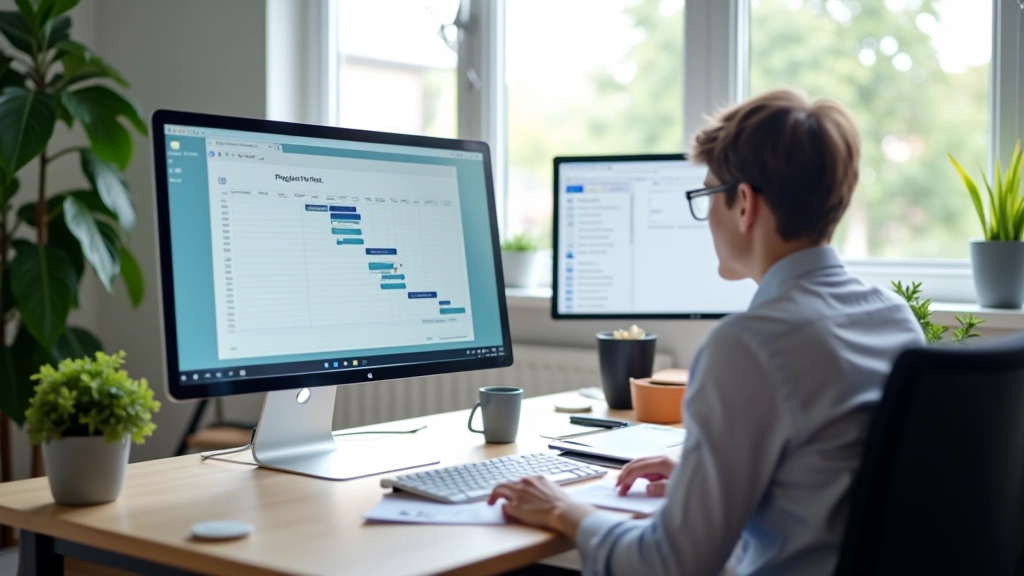 Professioneel kantoor met meerdere monitoren waarop projectplanning zichtbaar is