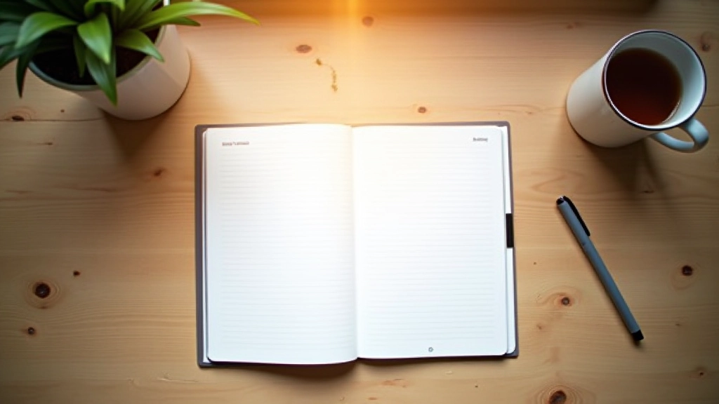 Minimalistisch bureau met dagplanner open, pen, en kopje thee, ochtendlicht, schone werkruimte