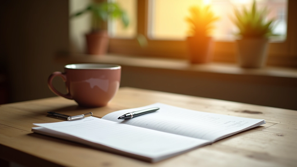 Dagplanning: kalender, koffie, en notitieboek op een schoon bureau in ochtendlicht
