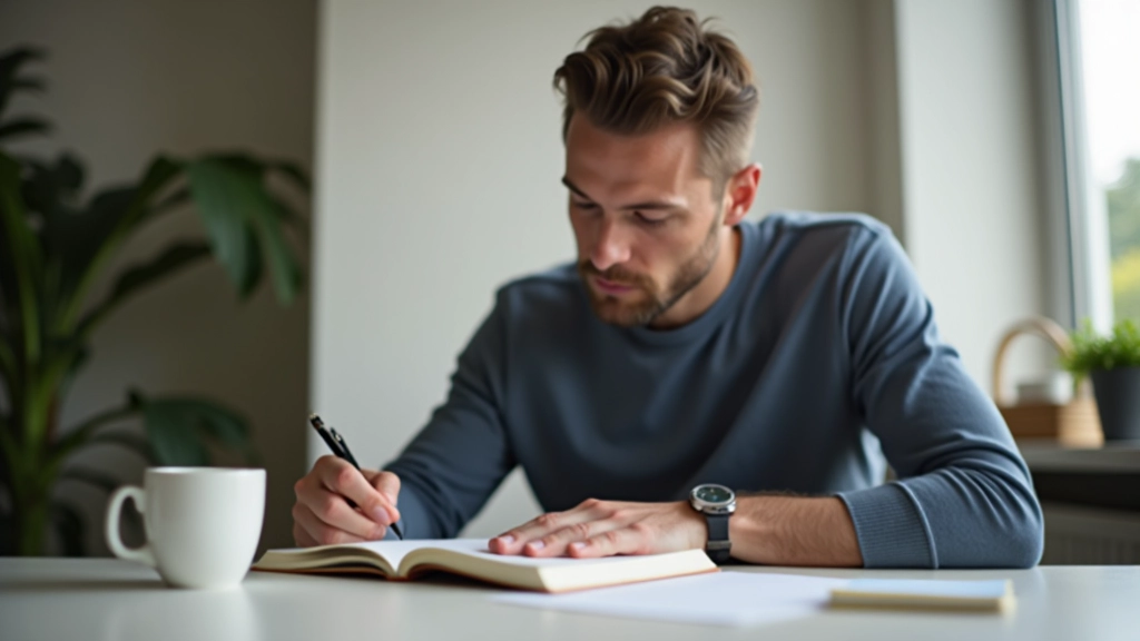 Iemand schrijft aantekeningen in een persoonlijk dagboek met koffie op het bureau, reflectief moment