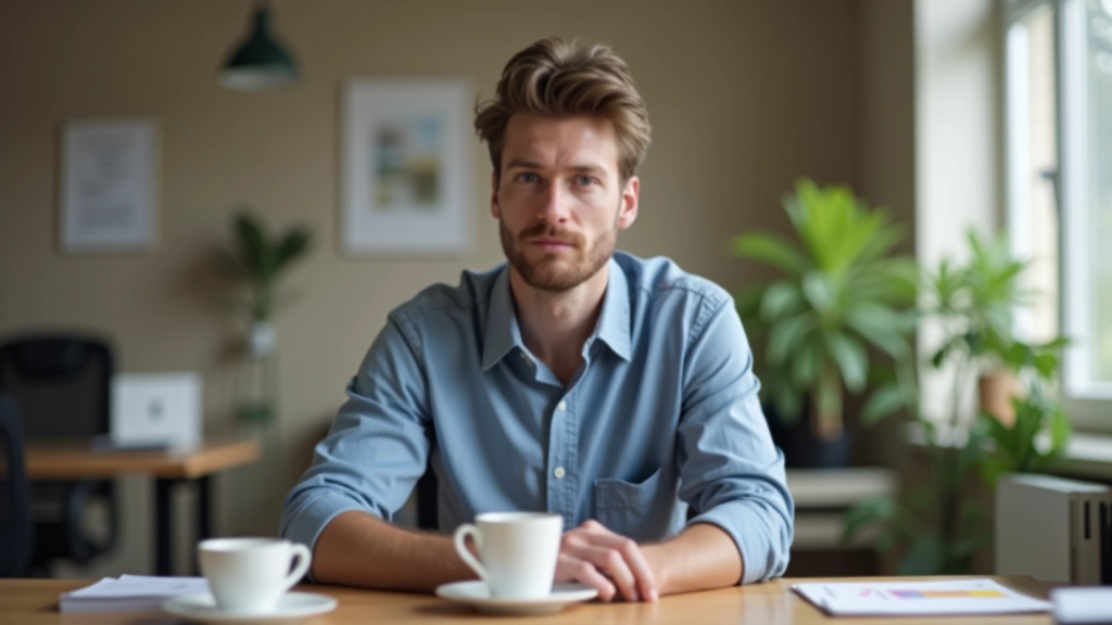 Persoon zit aan bureau met kopje koffie, gericht aan het werk zonder afleidingen zichtbaar
