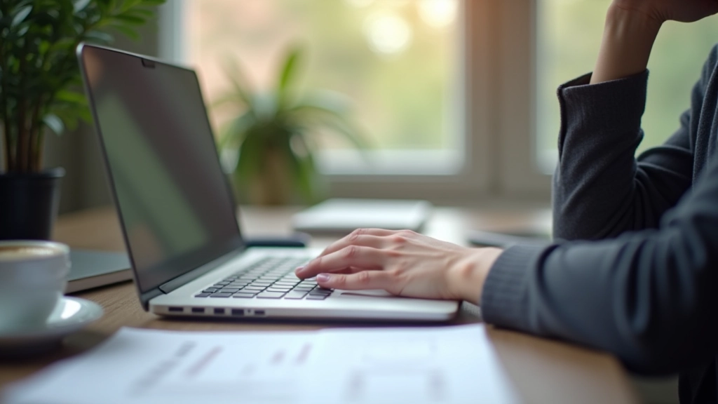 Persoon werkt aan laptop met prioriteitenlijst en takenkaarten zichtbaar op het bureau